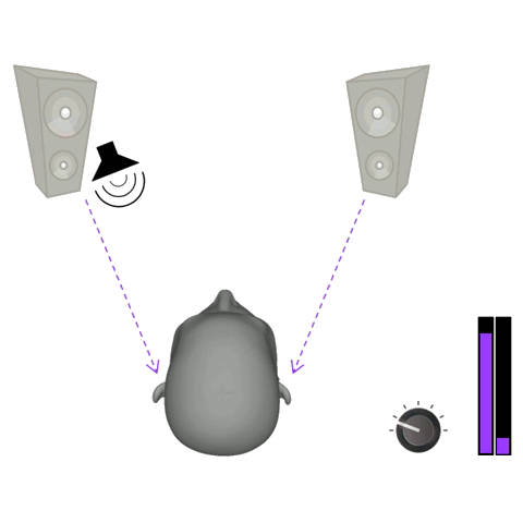 Animation: A persons head between two speakers. Two sound bars representing the Left and Right channels. As the left channel decreases, the right channel increases. As this happens a speaker icon moves from left, to centre, and then to the right