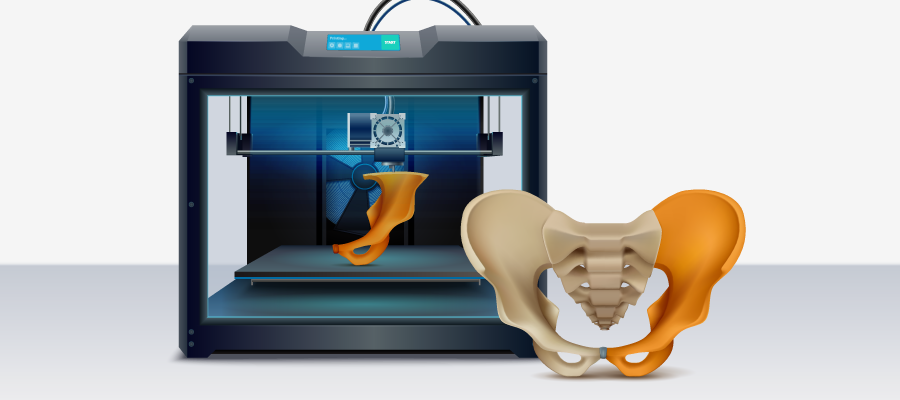 A 3d printer behind an example of a 3D printed bone