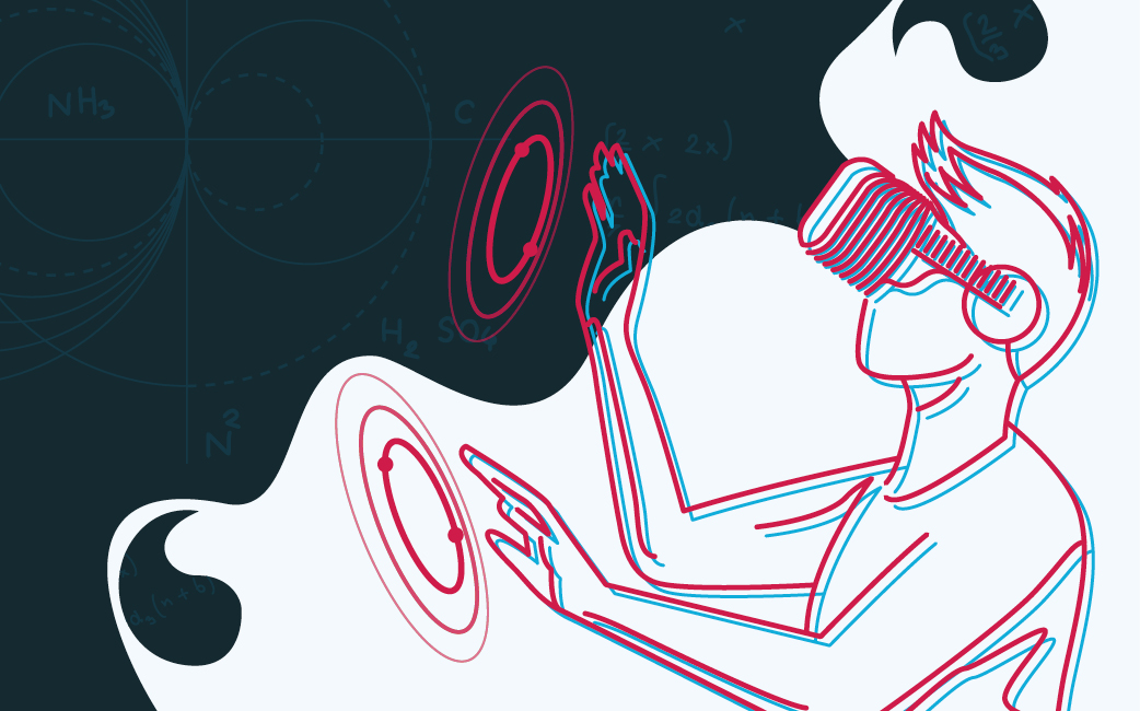 Image Description: Mobile version of the article banner. A cartoony image of a man wearing a VR headset. Purple miasma flowing out of it with equations inside of it. He seems to be manipulating two disks with his hands. End Description