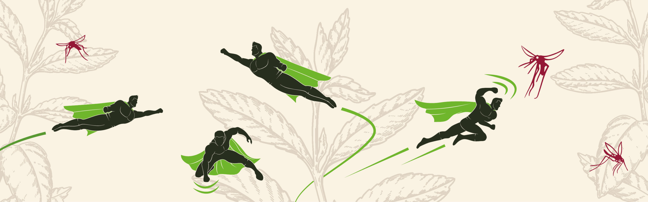 Image Description: silhouettes of superheroes flying around giant plants, saving them. End description.