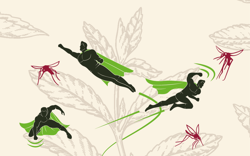 Image Description: smaller image of silhouettes of superheroes flying around giant plants, saving them. End description.