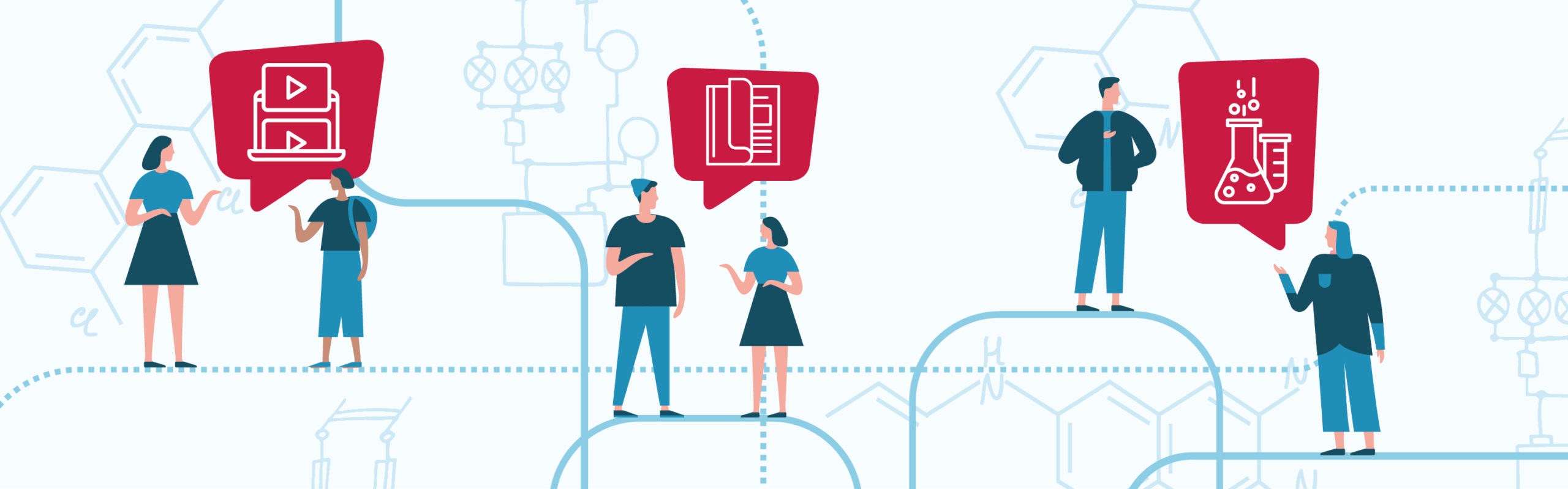 Image Description: Article banner. A simple drawing of six people talking in groups of two, speech bubbles between them indicating they're discussing scientific subjects. End Description