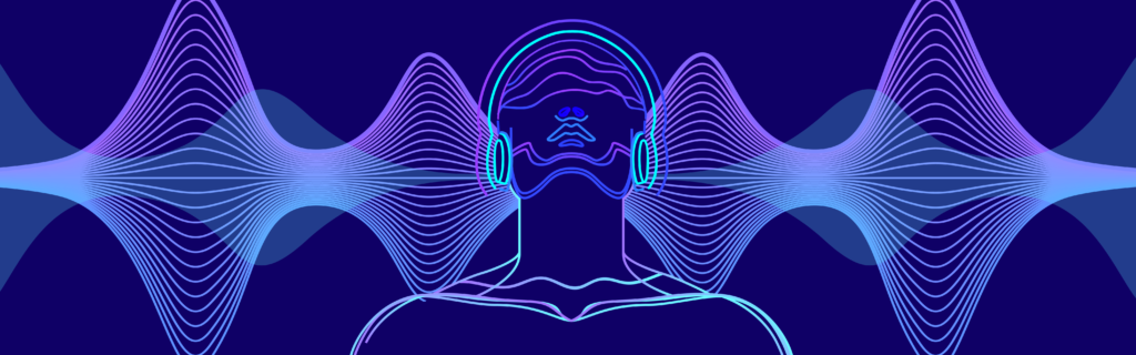 A person wearing headphones with sound waves rippling from the headphones
