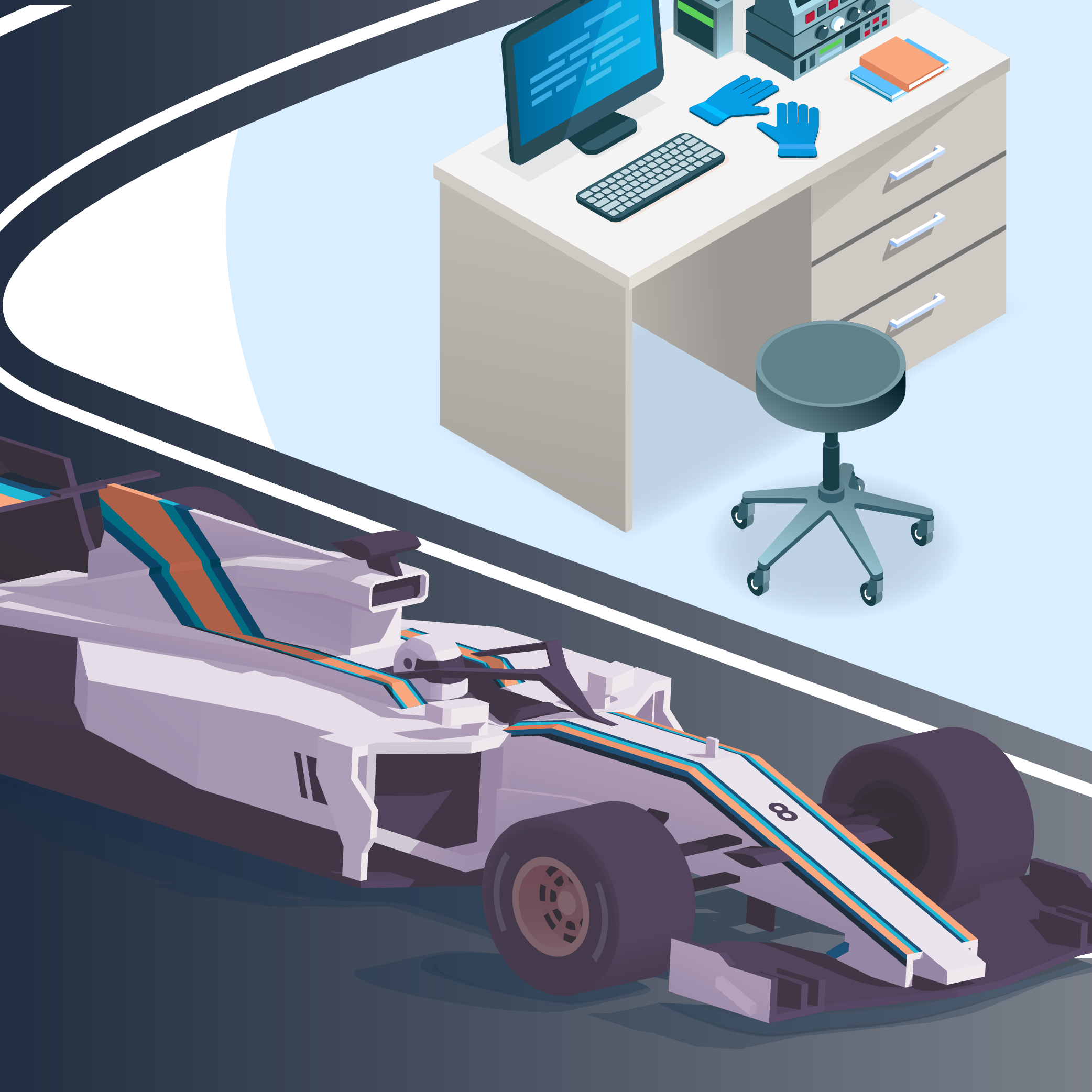 A Formula 1 car on a track and desk with a computer