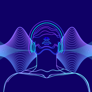 A line drawing of a person wearing headphones. Sound waves appear to be emitting from the headphones