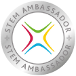 The STEM Learning logo with an outer circle in silver saying STEM Ambassador.This is badge showing that this person is aSTEM Ambassador.
