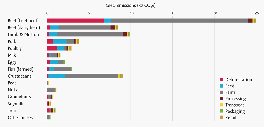 A bar graph showing that the GHG emissions of a beef hear are more than twice any other food source