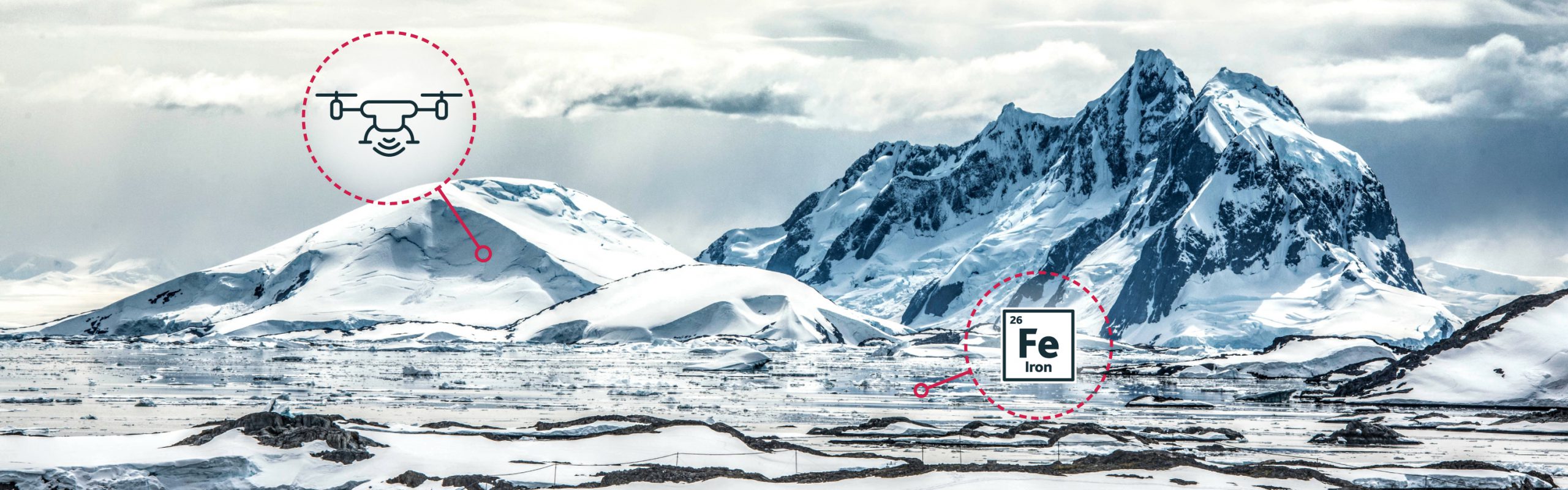 Snow covered mountains and arctic ice in the background. In the foreground an icon of a drone and the chemical symbol for Iron
